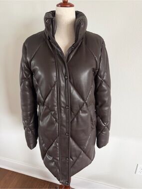 Quilted Leather-Look Puffer Coat in Dark Brown